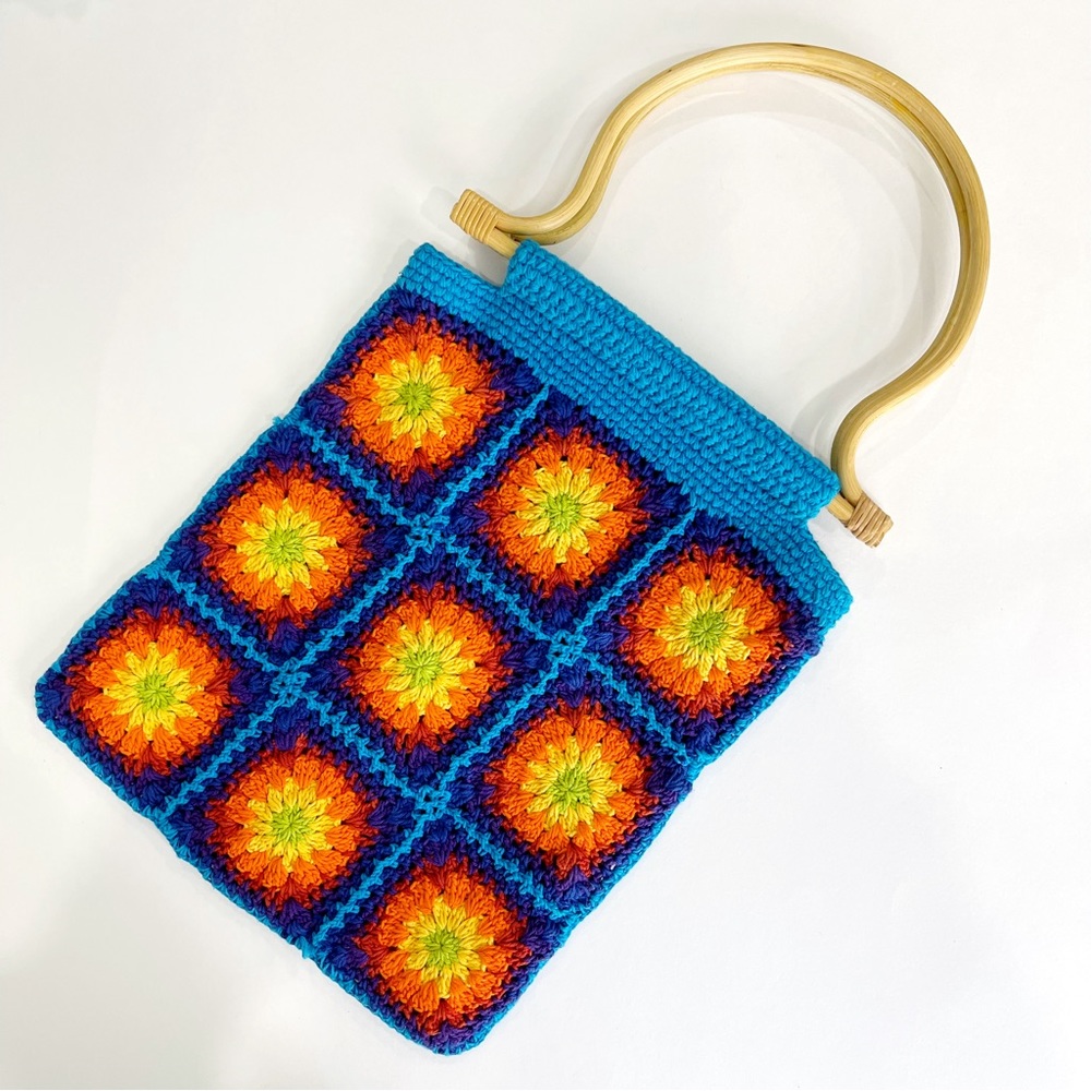 Crochet rainbow granny square bamboo purse turquoise Festival Bag